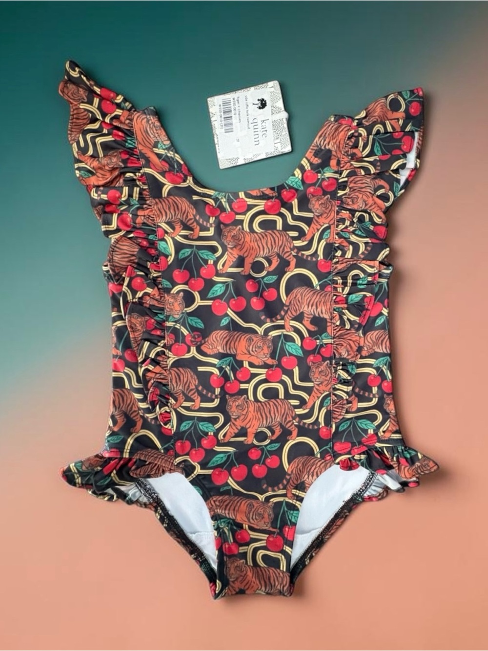 KATE QUiNN-Retro TiGER Cherries-SiDE RUFFLE-One Piece swimsuit-3T-HTF SiZE-NEW